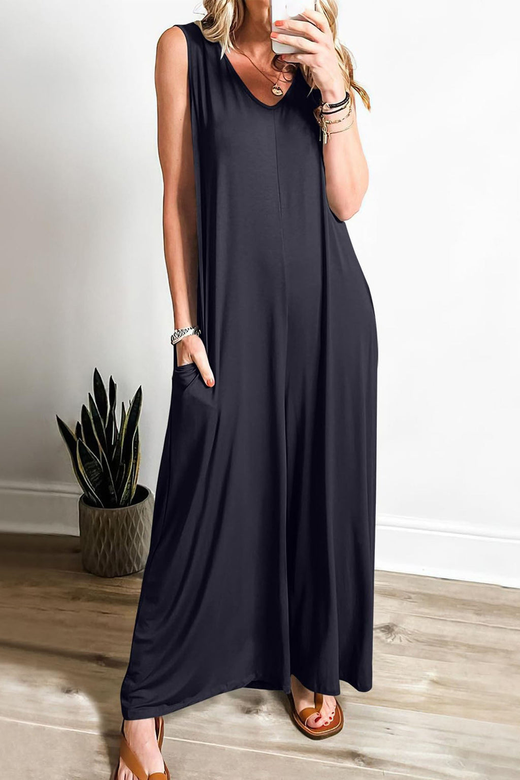 V Neck Pocket Wide Leg Jumpsuits