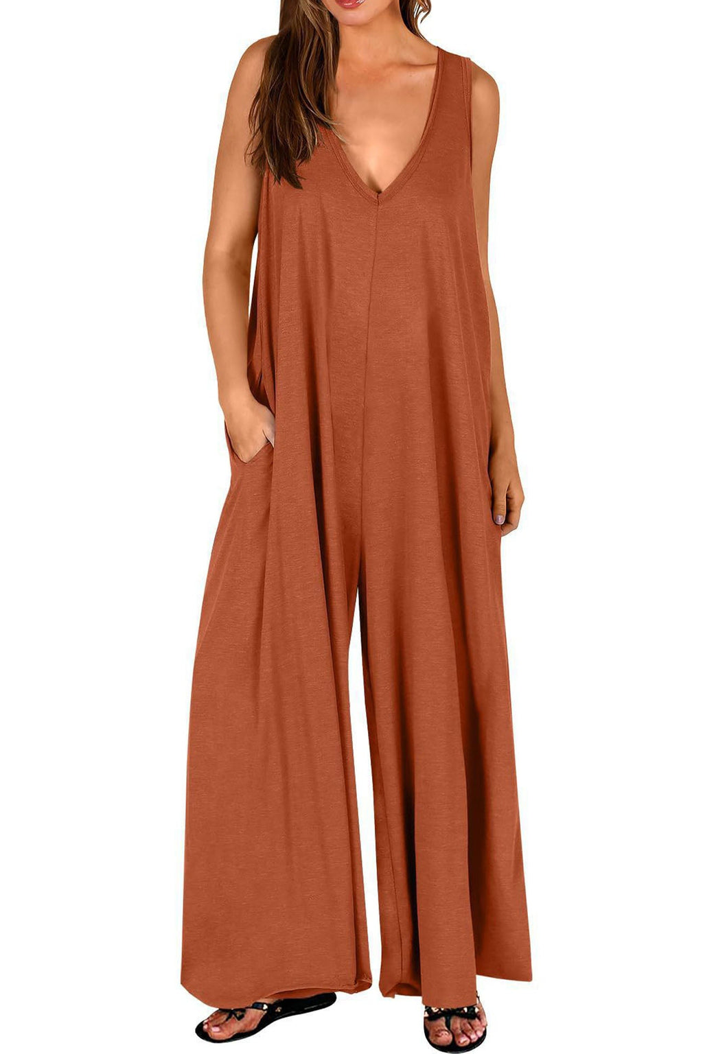 V Neck Pocket Wide Leg Jumpsuits