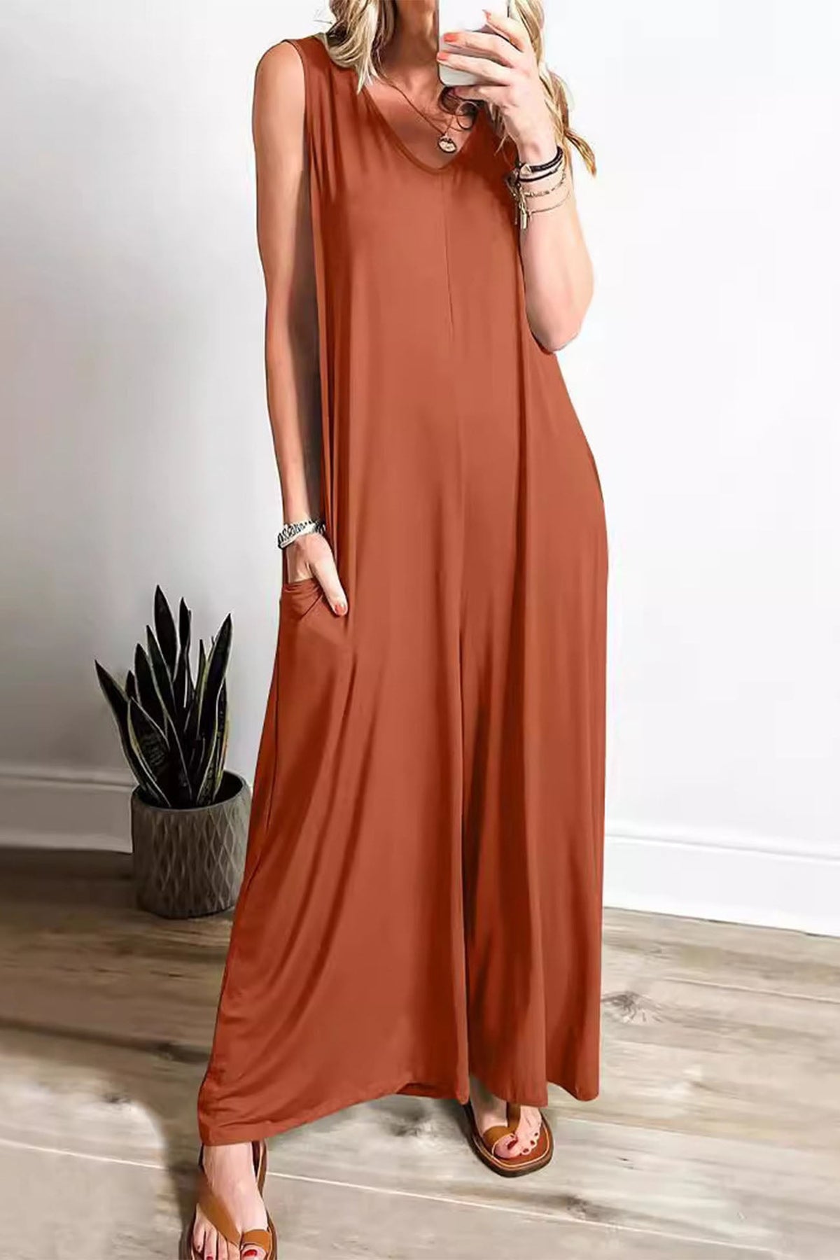 V Neck Pocket Wide Leg Jumpsuits