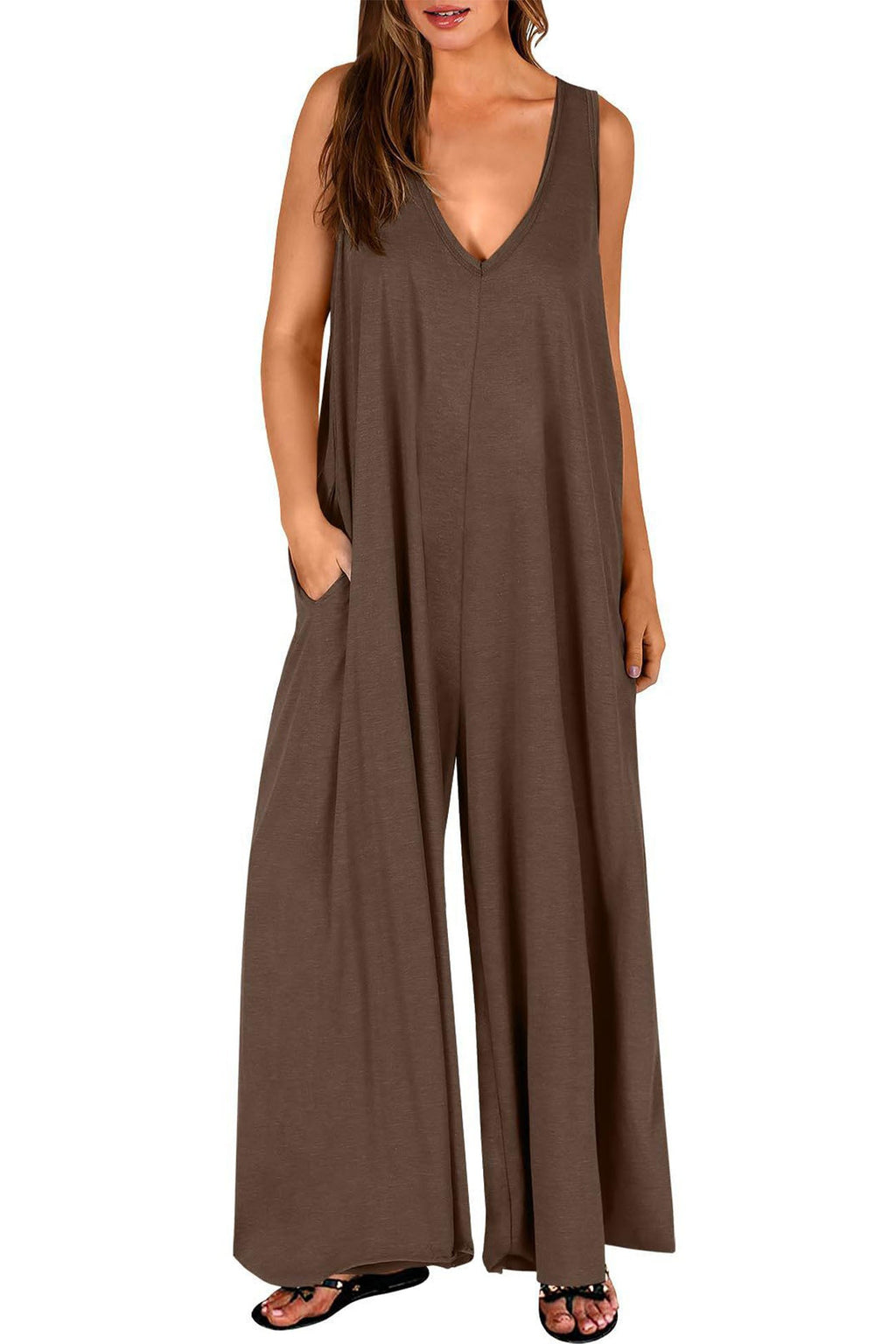 V Neck Pocket Wide Leg Jumpsuits