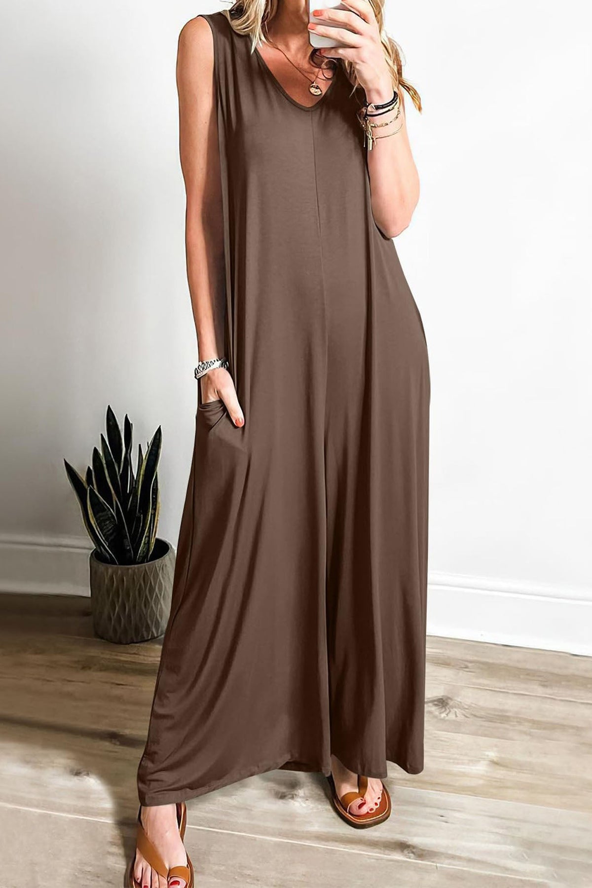 V Neck Pocket Wide Leg Jumpsuits