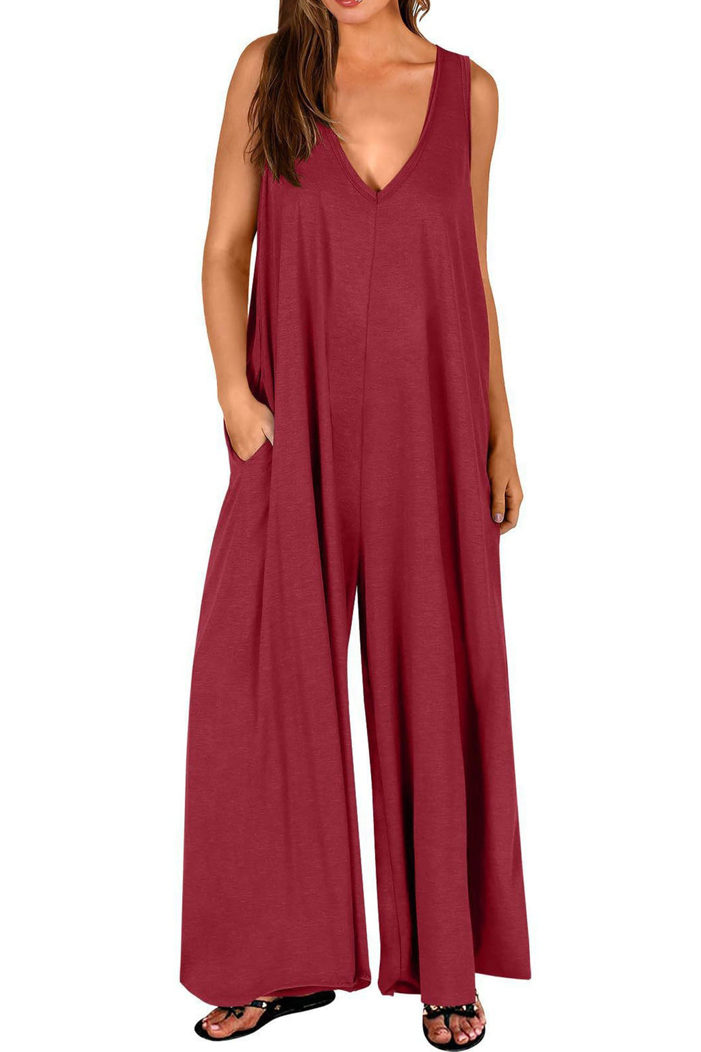 V Neck Pocket Wide Leg Jumpsuits