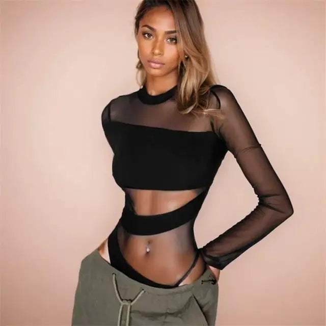 Spring Summer New Cut Cross Hollow Mesh Jumpsuit Long-sleeved Thin O Neck Diagonal Black Charming Bodysuit Clubwear