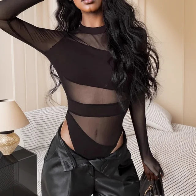 Spring Summer New Cut Cross Hollow Mesh Jumpsuit Long-sleeved Thin O Neck Diagonal Black Charming Bodysuit Clubwear