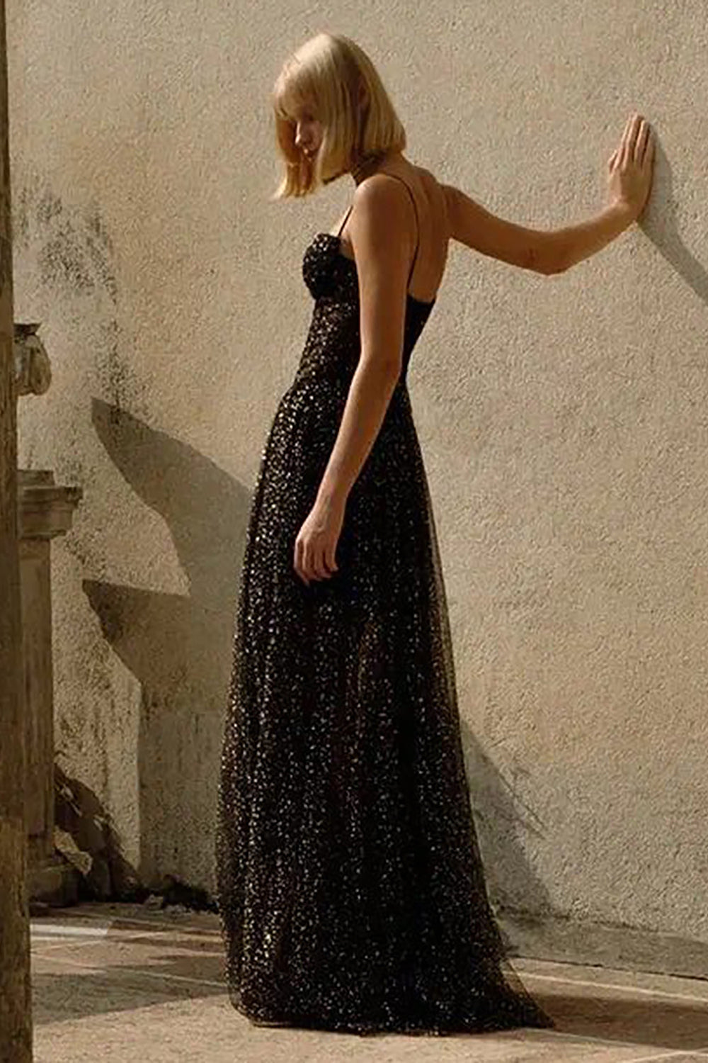 Strappy Draped Rhinestone Tulle Corset Maxi Dress in Black