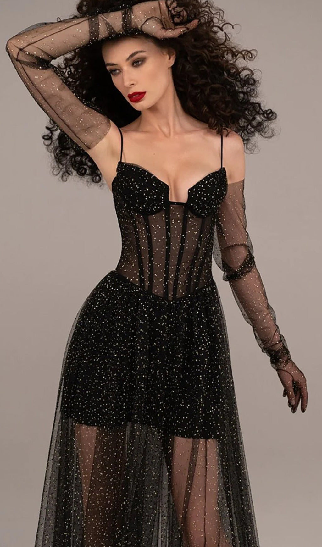 Strappy Draped Rhinestone Tulle Corset Maxi Dress in Black