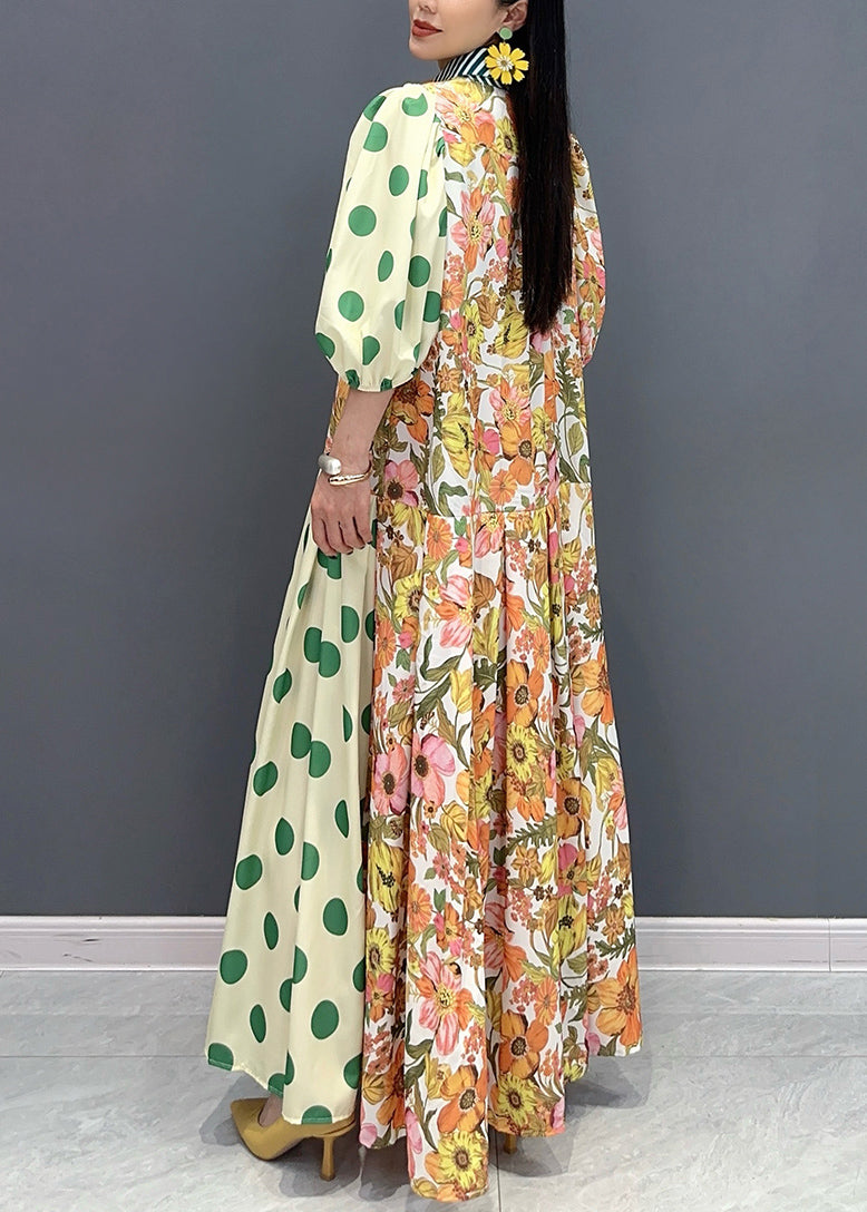 Style Green Peter Pan Collar Print Cotton Long Dress Summer Ao1049