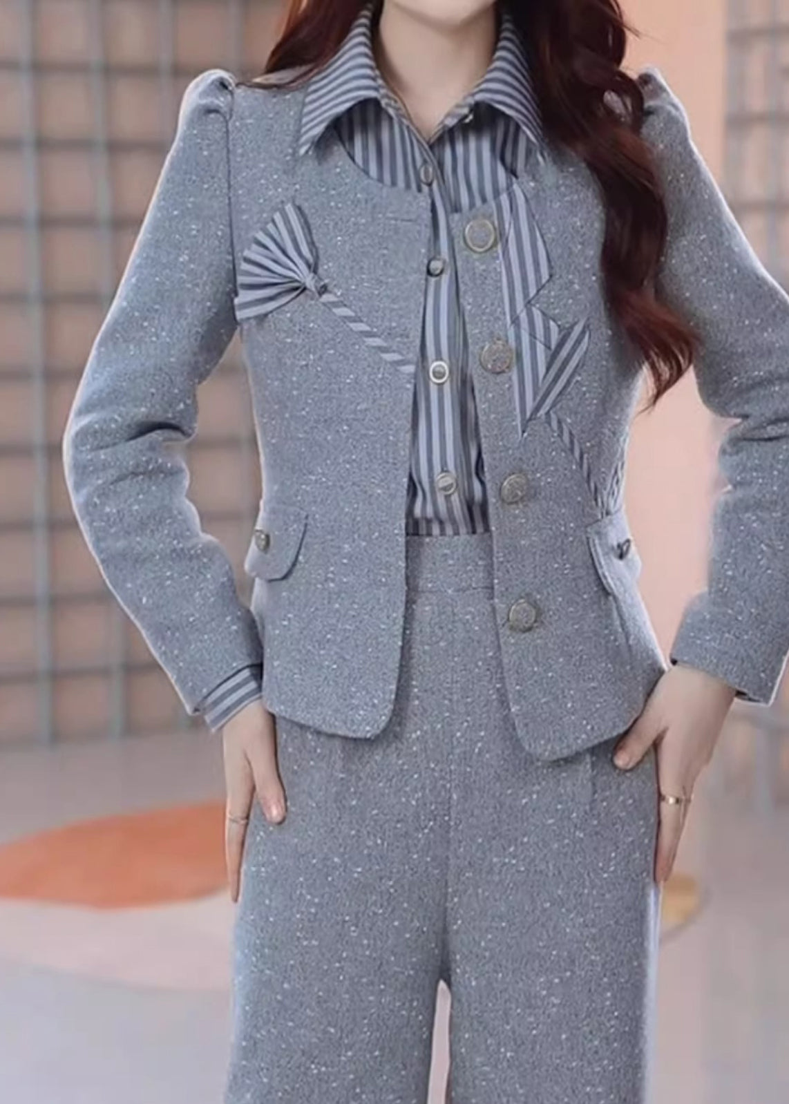 Style Grey Patchwork Coats Shirts and Pants Three Pieces Set Spring Rf039