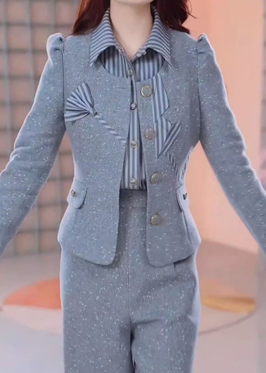 Style Grey Patchwork Coats Shirts and Pants Three Pieces Set Spring Rf039