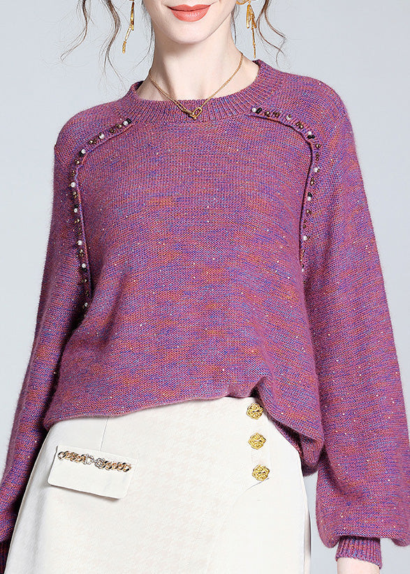 Style Purple O-neck Nail Bead Cashmere Knit Sweaters Spring Ly0128
