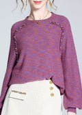 Style Purple O-neck Nail Bead Cashmere Knit Sweaters Spring Ly0128