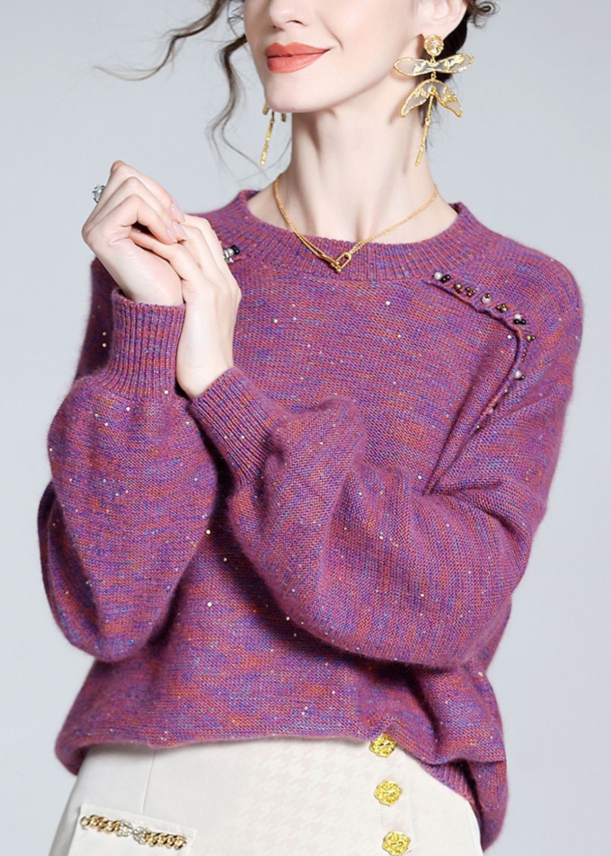 Style Purple O-neck Nail Bead Cashmere Knit Sweaters Spring Ly0128