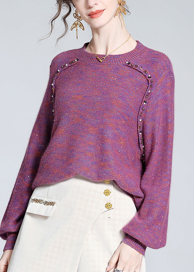 Style Purple O-neck Nail Bead Cashmere Knit Sweaters Spring Ly0128