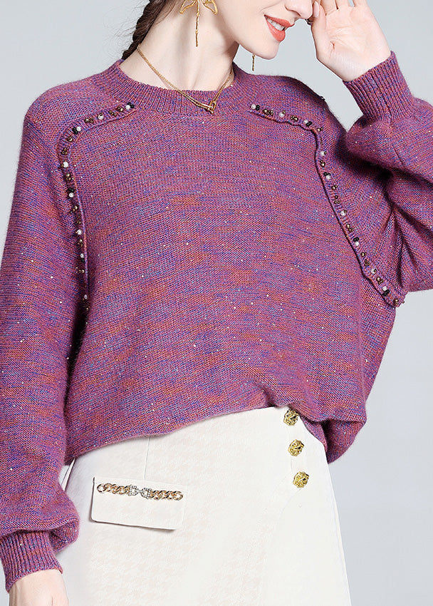 Style Purple O-neck Nail Bead Cashmere Knit Sweaters Spring Ly0128