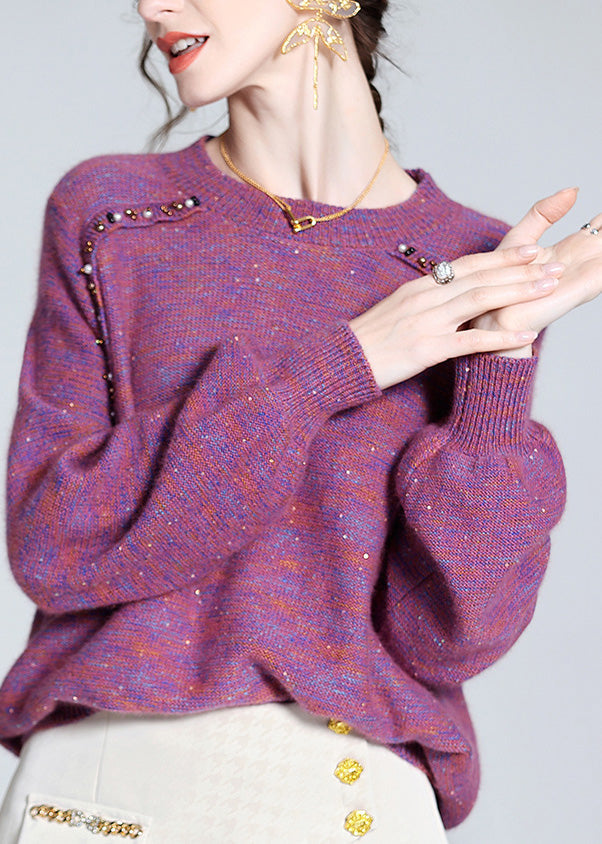 Style Purple O-neck Nail Bead Cashmere Knit Sweaters Spring Ly0128