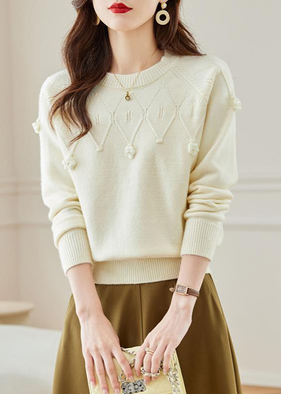 Stylish Beige O Neck Hollow Out Knit Sweater Fall Qs011