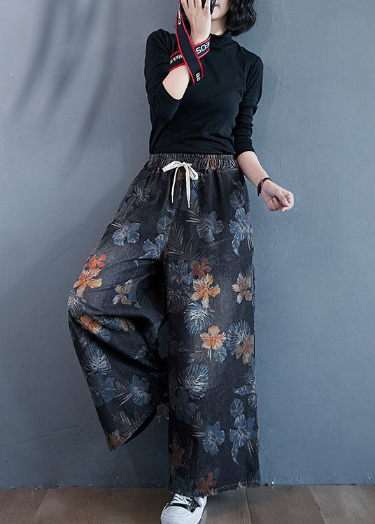 Stylish Black Oversized Print Cotton Denim Straight Pants Spring Ly1539