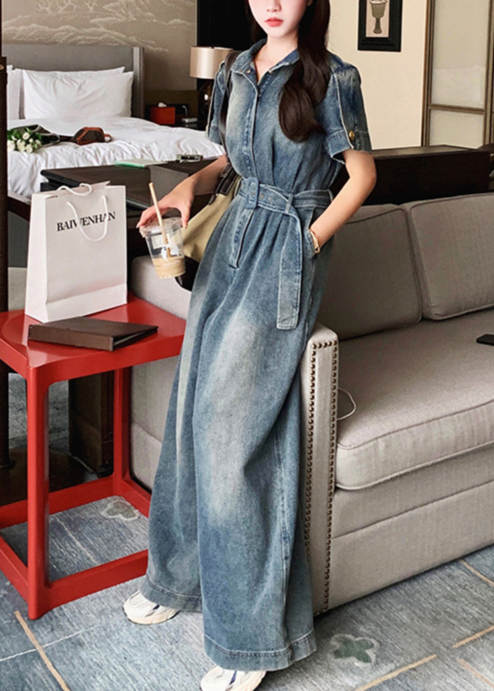 Stylish Blue Peter Pan Collar Tie Waist Denim Jumpsuits Summer Ru029