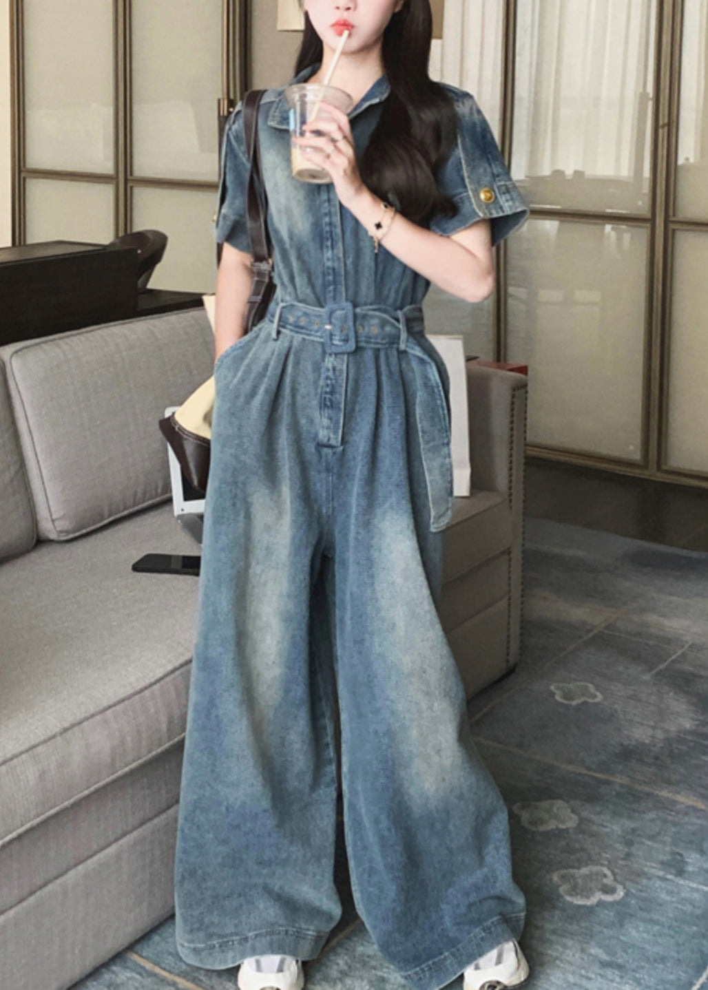 Stylish Blue Peter Pan Collar Tie Waist Denim Jumpsuits Summer Ru029