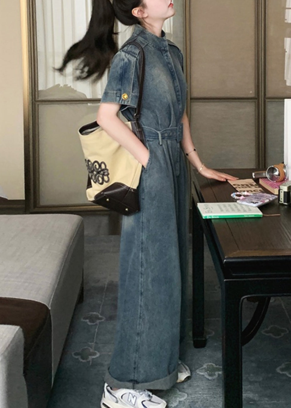 Stylish Blue Peter Pan Collar Tie Waist Denim Jumpsuits Summer Ru029