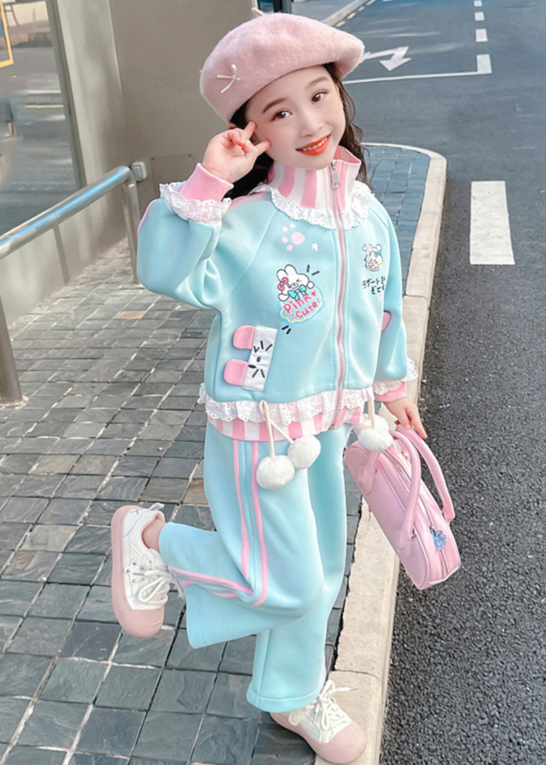 Stylish Blue Ruffled Patchwork Kids Coats and Straight Pants Two Pieces Set Spring Tr027