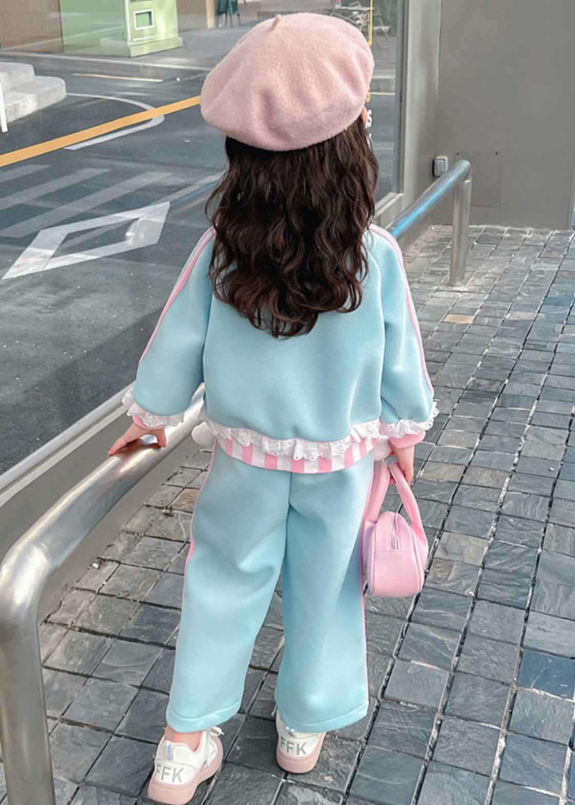 Stylish Blue Ruffled Patchwork Kids Coats and Straight Pants Two Pieces Set Spring Tr027