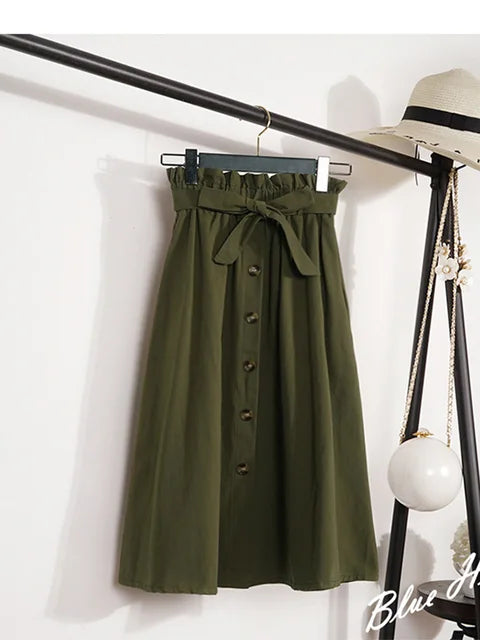 Summer Autumn Skirts Midi Knee Length Korean Button High Waist Skirt Female Pleated School Skirt