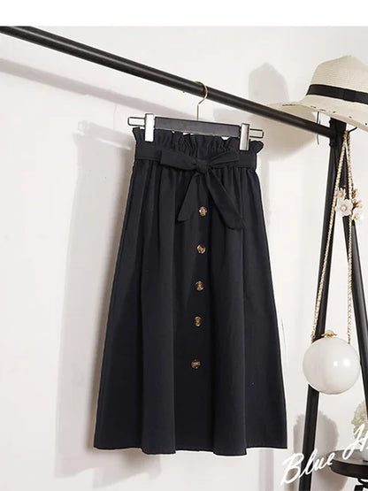 Summer Autumn Skirts Midi Knee Length Korean Button High Waist Skirt Female Pleated School Skirt