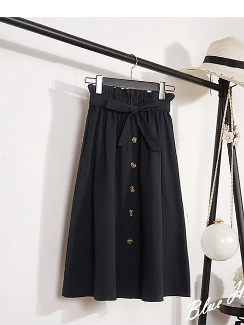 Summer Autumn Skirts Midi Knee Length Korean Button High Waist Skirt Female Pleated School Skirt