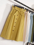 Summer Autumn Skirts Midi Knee Length Korean Button High Waist Skirt Female Pleated School Skirt