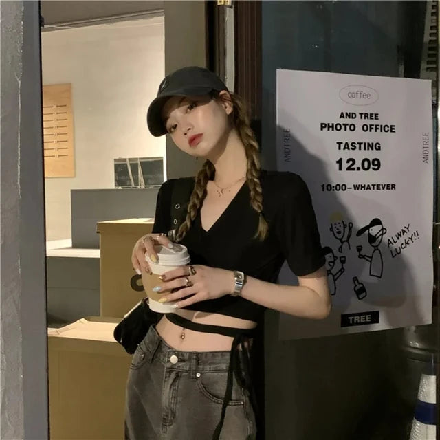 Summer Tee Tops T Shirts V-neck Cropped Top Cross Tie-up Harajuku Basic Korean Street T-shirts Mujer Y2k