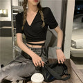 Summer Tee Tops T Shirts V-neck Cropped Top Cross Tie-up Harajuku Basic Korean Street T-shirts Mujer Y2k
