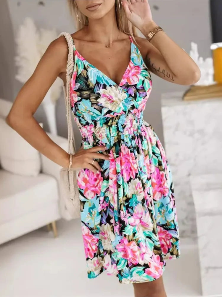 Summer Print Spaghetti Strap Dresses V-neck Vacation Style Midi Dress Temperament Vestidos