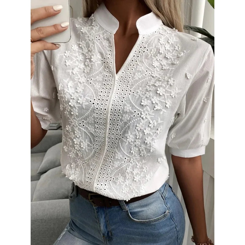 Embroidery Hollow Out V Neck Blouse