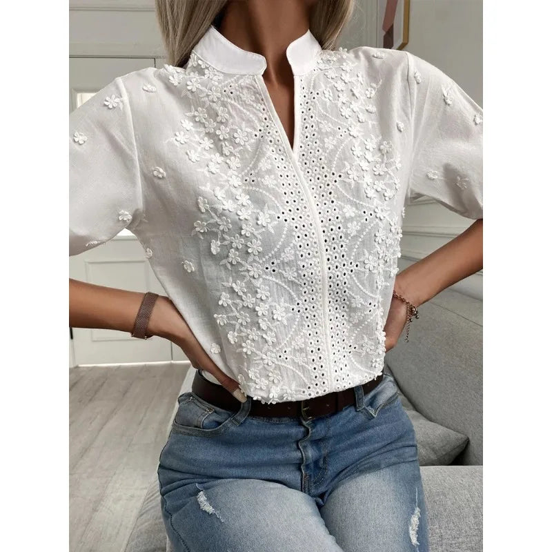 Embroidery Hollow Out V Neck Blouse