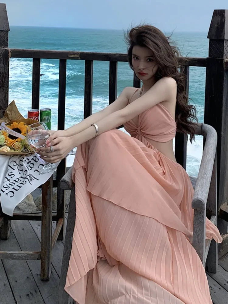 Summer New Pleated Holiday Beach Long Dresses for Vacation Spaghetti Strap a Line Robe Sundress