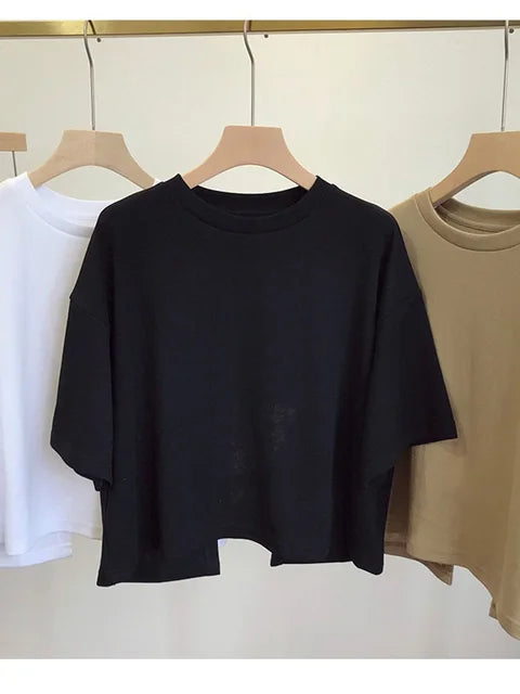 Summer New Backless T-shirt Korean Round Neck Loose Sweet Spicy Wind Short-sleeved Crop Tops
