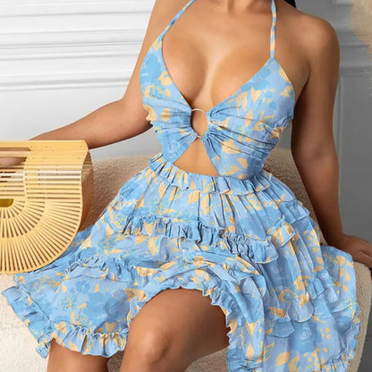 Summer New Printed Halter Neck Mini Dresses for Deep V-neck Hollow Out Backless Leace-up Dress Beach Vestido Feminino