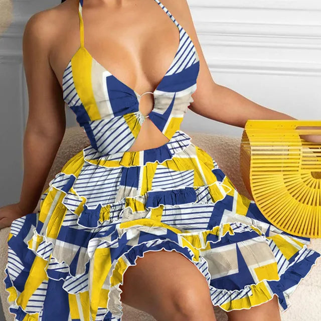 Summer New Printed Halter Neck Mini Dresses for Deep V-neck Hollow Out Backless Leace-up Dress Beach Vestido Feminino