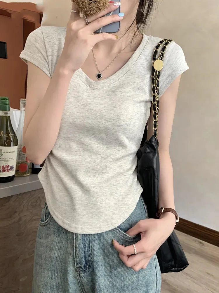 Summer New Color Slim ’s T-shirt Loose Basic T-shirt Woman Black White Gray Simple Top Female