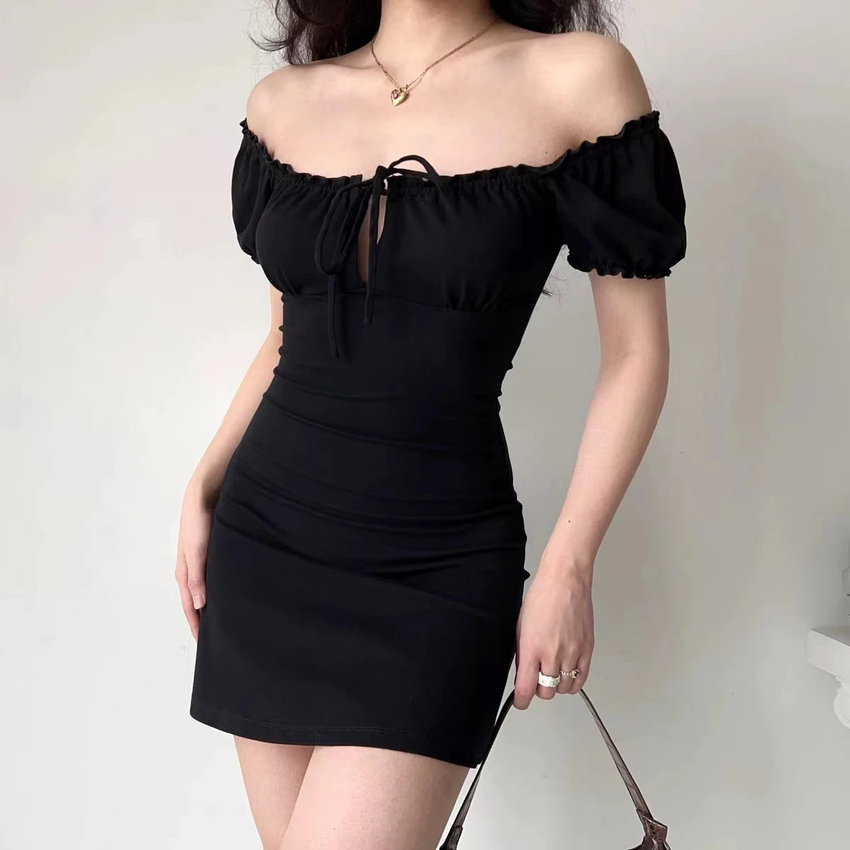 Summer Mini Dress Short Sleeved Lace Up Hollow Backless Folds Bodycon Black Dress Party A-line Dresses