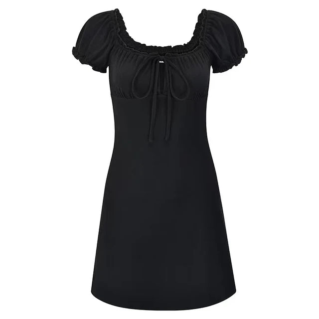 Summer Mini Dress Short Sleeved Lace Up Hollow Backless Folds Bodycon Black Dress Party A-line Dresses