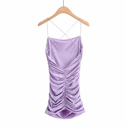 Summer Strap Cross Backless Skinny Mini Dresses Sleeveless Pleated Bottom Wrapped Hip Dress Bodycon Club