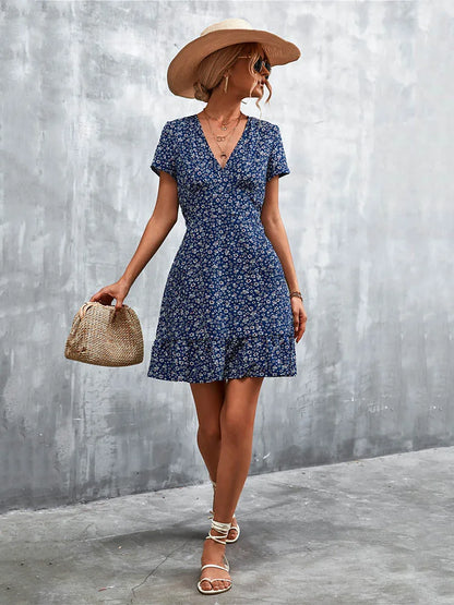 Summer Short Dress V Neck Print Party Dress Flower Mini Dress for
