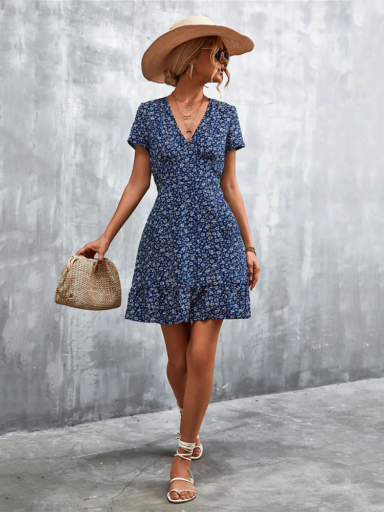 Summer Short Dress V Neck Print Party Dress Flower Mini Dress for
