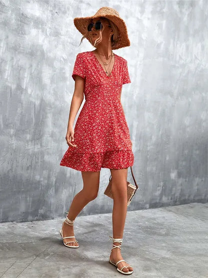 Summer Short Dress V Neck Print Party Dress Flower Mini Dress for