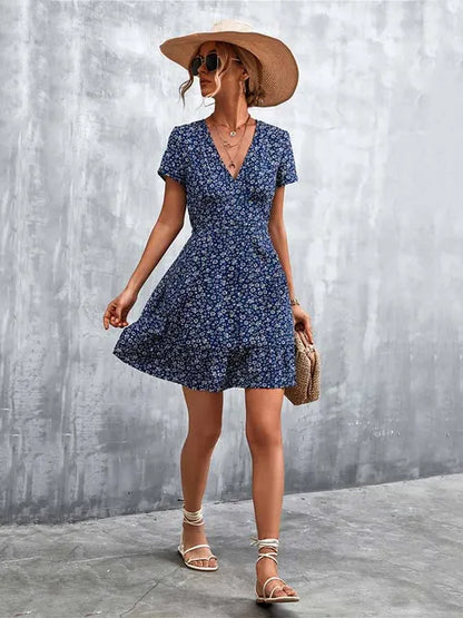 Summer Short Dress V Neck Print Party Dress Flower Mini Dress for