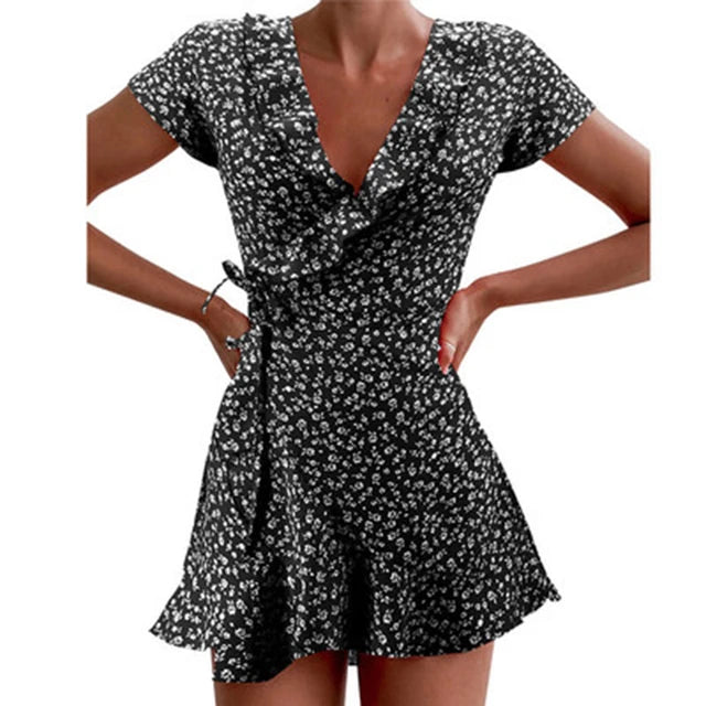 Summer ’s Floal A-line Dress Sweet Ruffles V-neck Bandage Short Dress for Lady Flowers Mini Dress