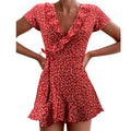 Summer ’s Floal A-line Dress Sweet Ruffles V-neck Bandage Short Dress for Lady Flowers Mini Dress