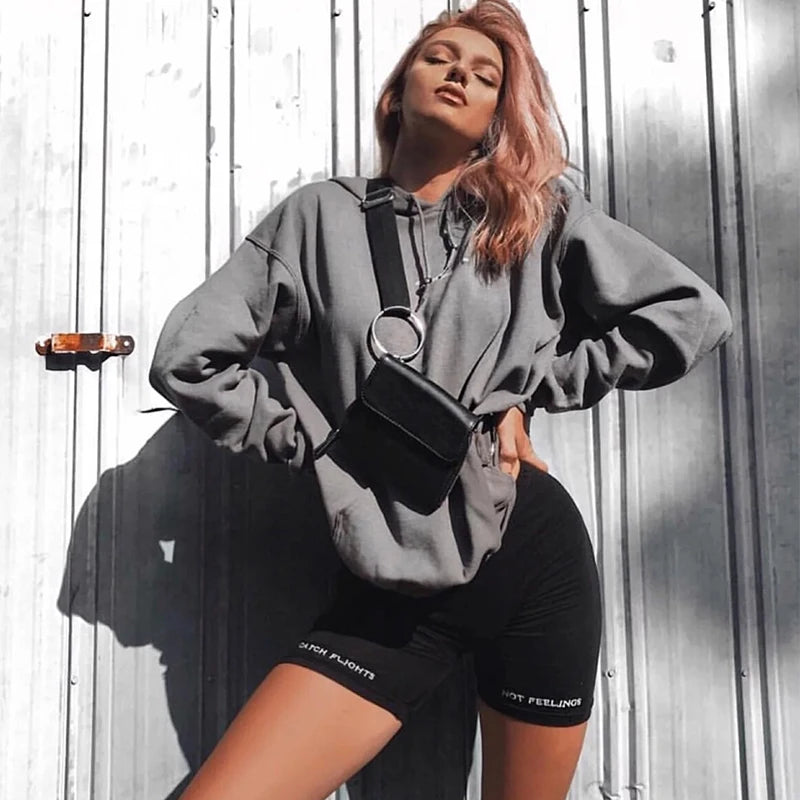 Summer Biker Shorts Elastic Waist Skinny Fitness Korean Letter Print Black Shorts Pantalones Black